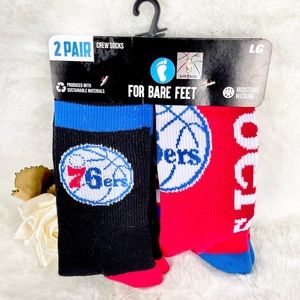 NWT PHILADELPHIA 76ers 2pair crew SOCKS OFFICIAL NBA GEAR Black, red white, blue